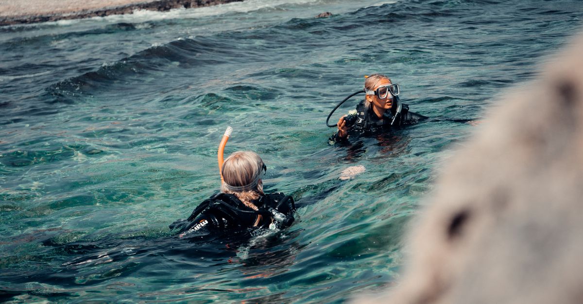 Two scuba divers enjoying a swim in clear ocean waters, near a scenic coastline.